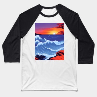 Ukiyo-e Japanese Art - Waves Crashing Against a Rocky Coast at Sunset Baseball T-Shirt